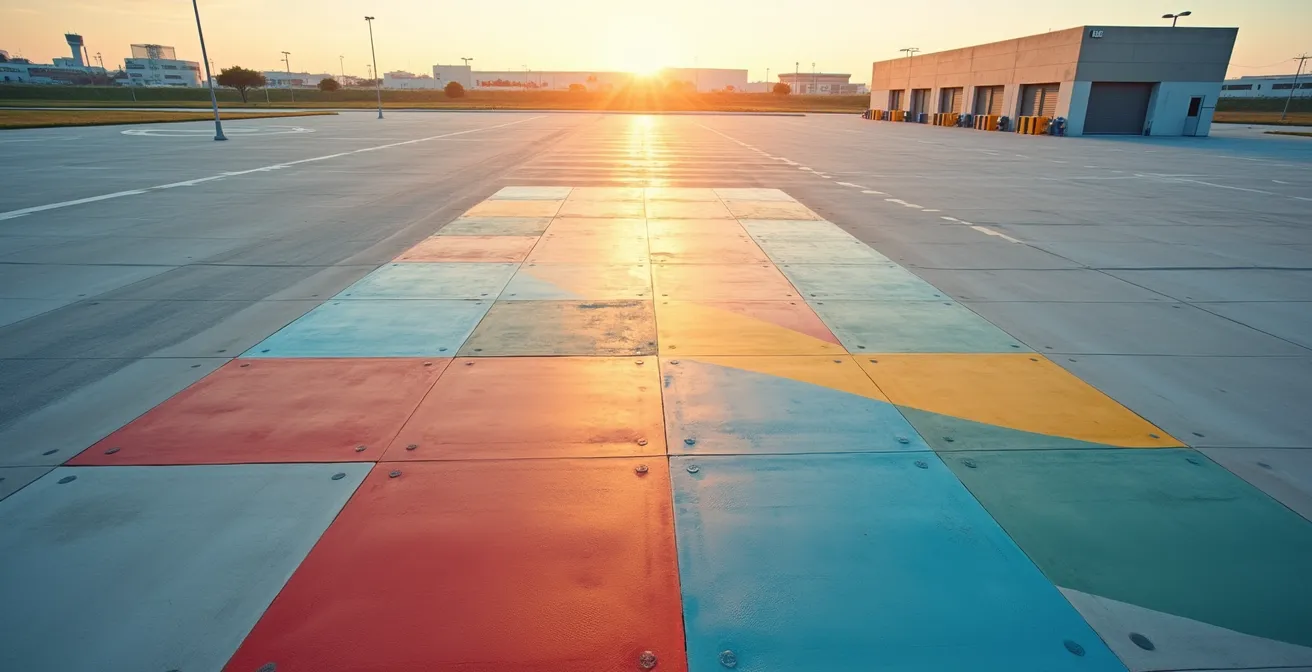 Vue aérienne d'un parking moderne avec marquages géométriques colorés