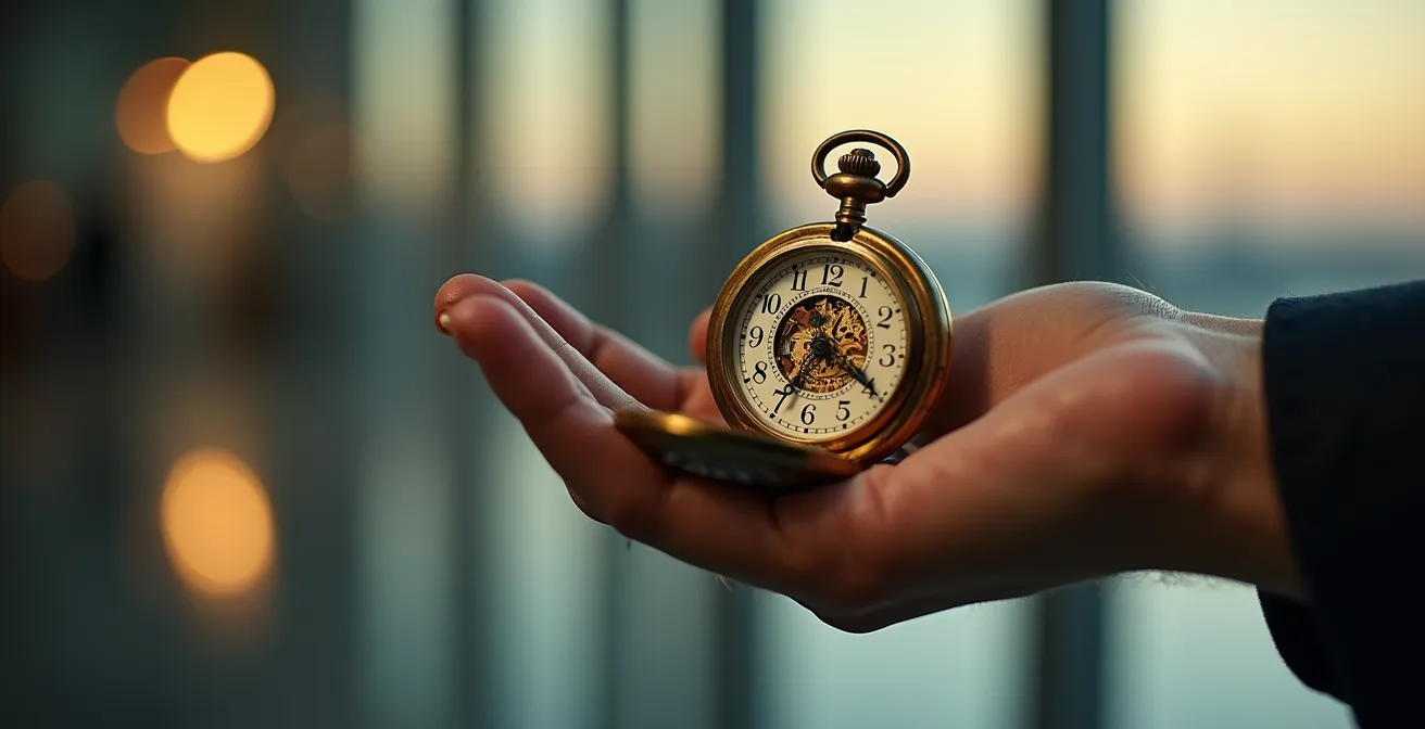 Main tenant une horloge de poche vintage avec arrière-plan d'avion flou