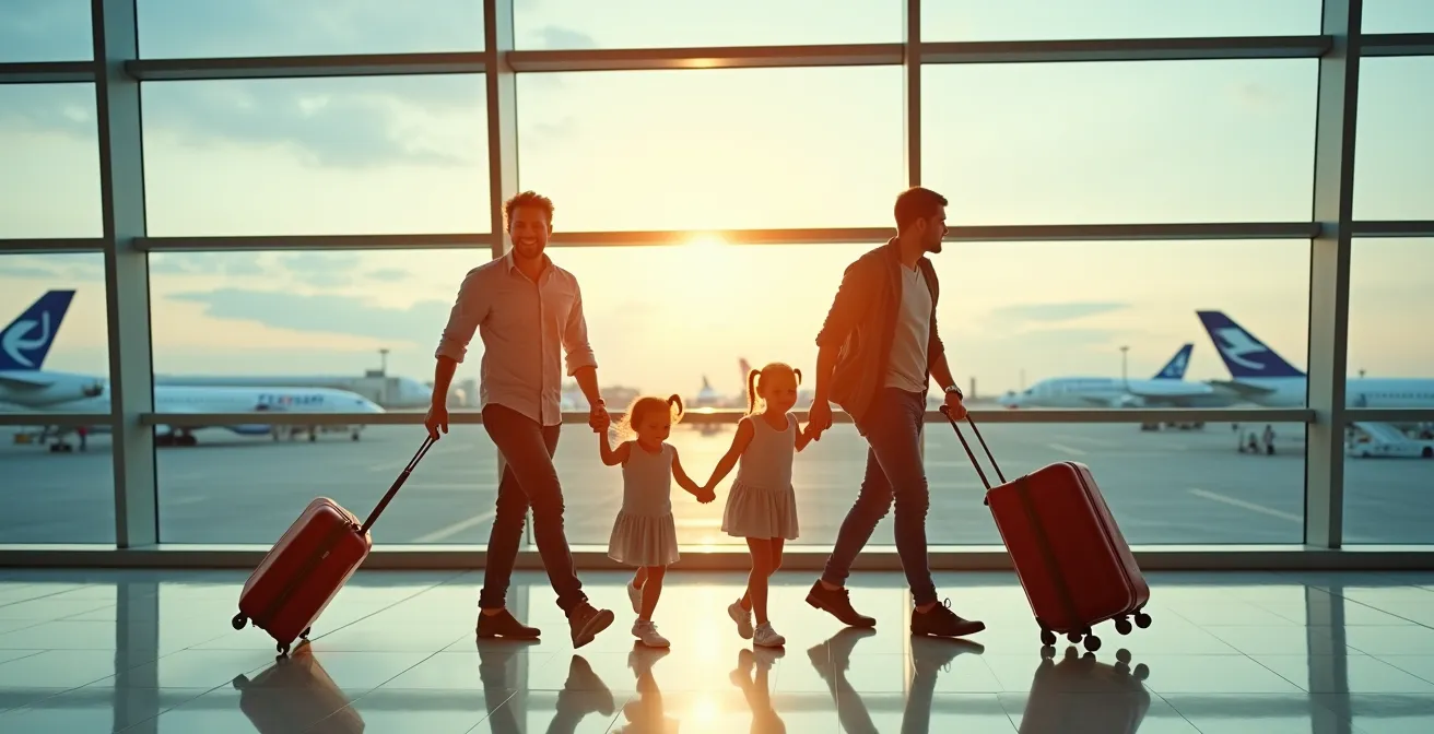 Famille avec bagages marchant sereinement vers le terminal d'aéroport