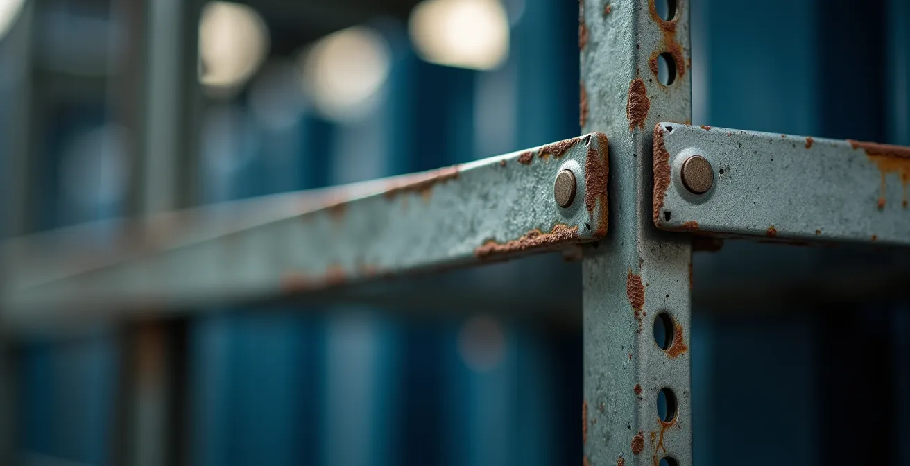 Vue détaillée de structures métalliques de rayonnage industriel avec jeu d'ombres