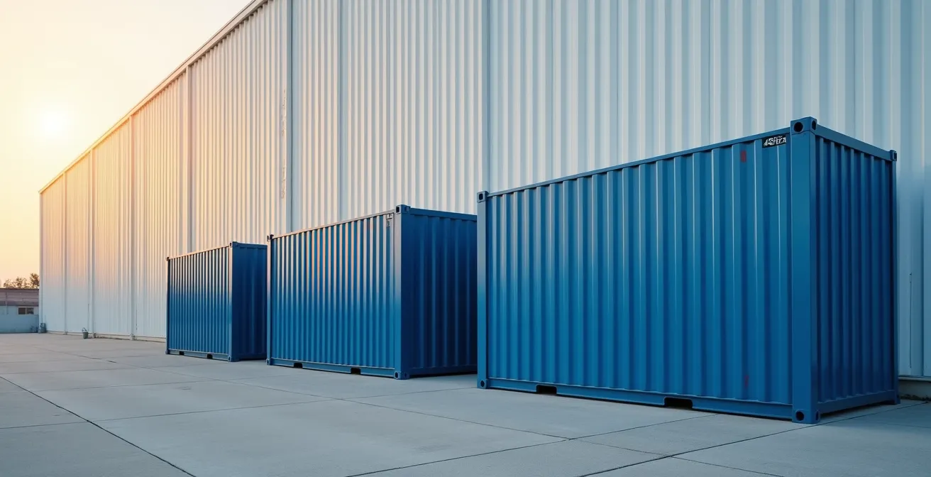 Espace industriel minimaliste avec conteneurs alignés et structure d'entrepôt en arrière-plan